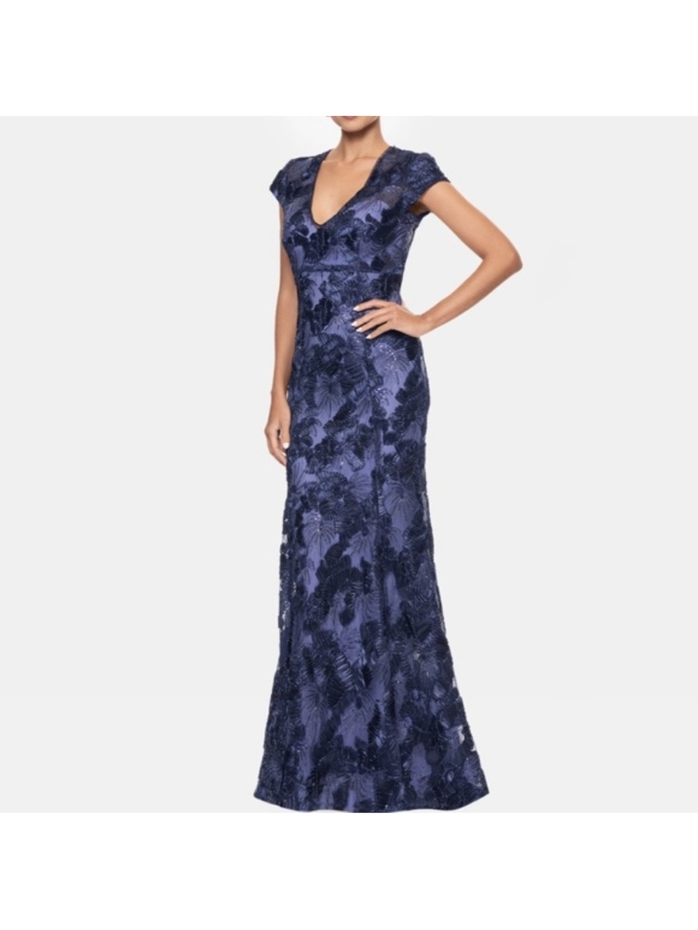 Betsy & Adam Navy Floral Lace V-Neck Evening Gown